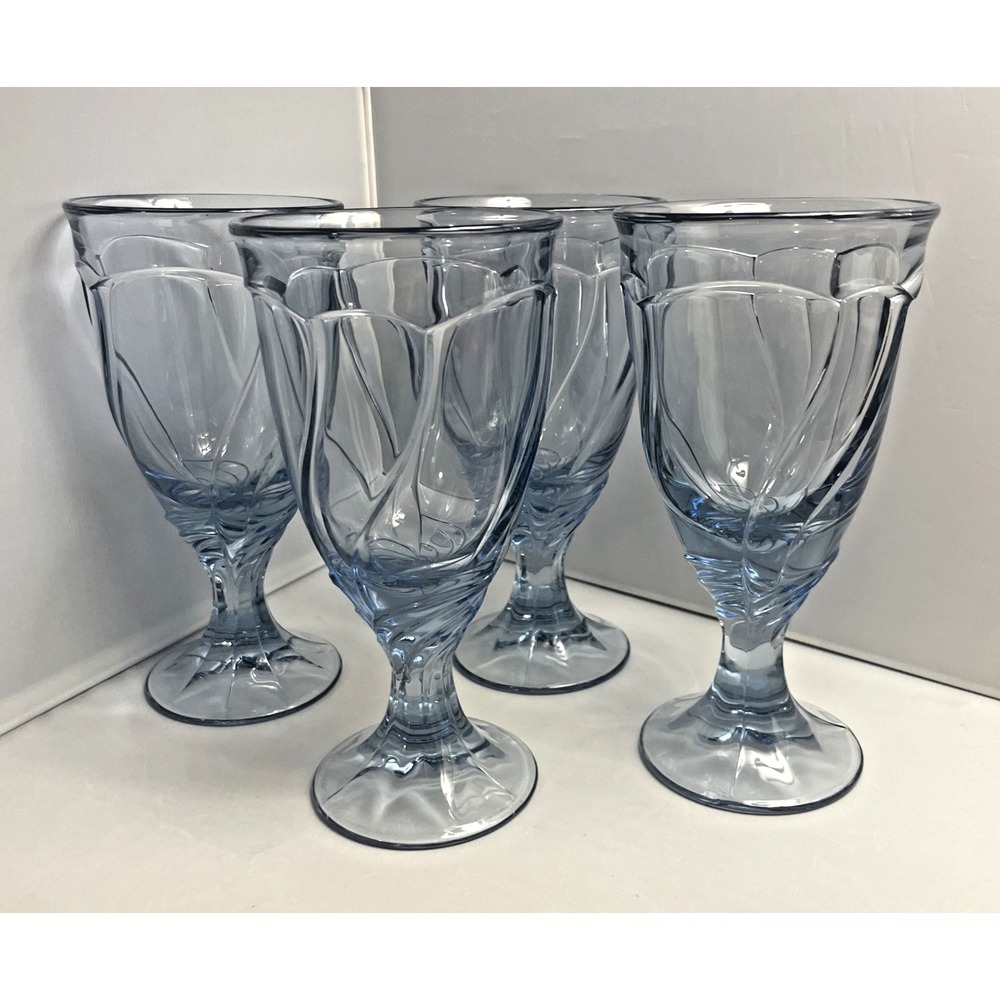 Vintage NORITAKE Sweet Swirl Glass Set of 4 Water Goblets Light Blue 7 3/8"